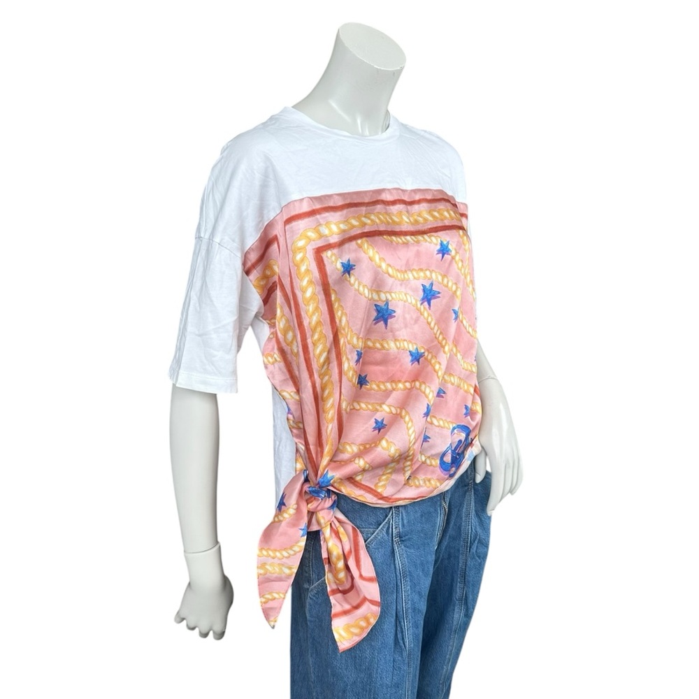 Sandro Eulalin Scarf Printed Insert Contrast White Tee Shirt Size 1 or Small - Picture 3 of 13